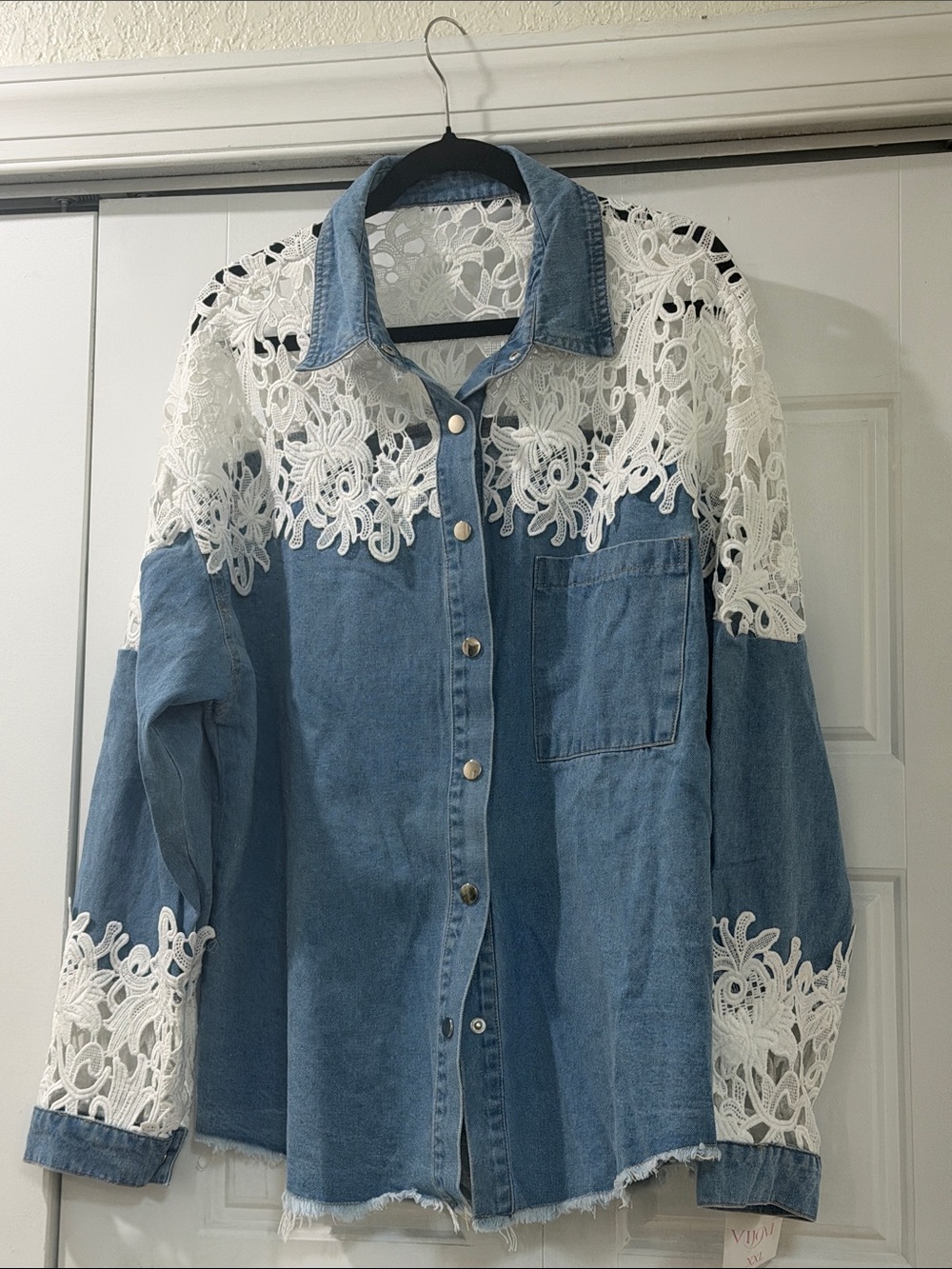 Denim Button-Up Shirt with White Lace Yoke